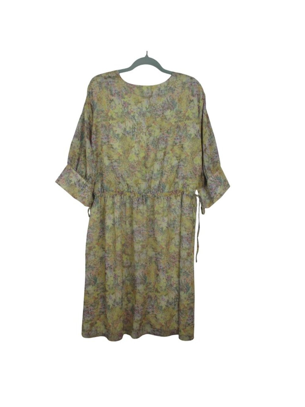 H&M Yellow Floral Knee-Length Dress With Drawstring Waist & 3/4 Sleeves XL NWT